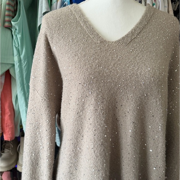 LOFT Beige V-Neck Sweater with Sparkle size 16/18 - Picture 3 of 7
